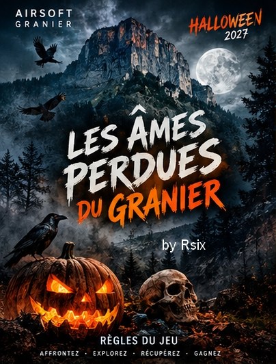 Affiche : Les Âmes Perdues du Granier, Halloween 2027, par Rsix. Le Mont Granier sous la lune, une citrouille, une tête de mort et des corbeaux.