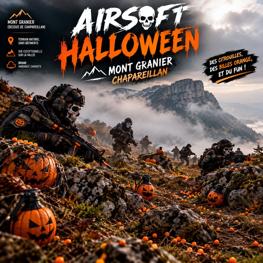 Affiche : Airsoft Halloween au Mont Granier, Chapareillan. Des citrouilles, des billes orange et du fun !
